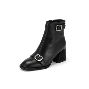 westory2025秋冬新款法式百搭真皮复古舒适皮扣粗跟短靴女