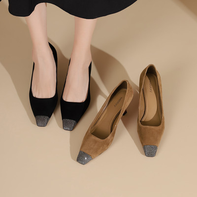 westory2024秋季新款细跟方头拼色浅口时尚气质通勤百搭单鞋女