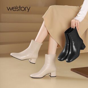 westory2024新品羊皮短靴圆头皮鞋秋冬粗跟马丁英伦风单靴84191