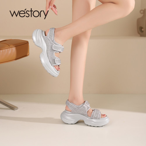 westory2024夏季女士厚底黑色镂空外穿魔术贴沙滩运动凉鞋62081