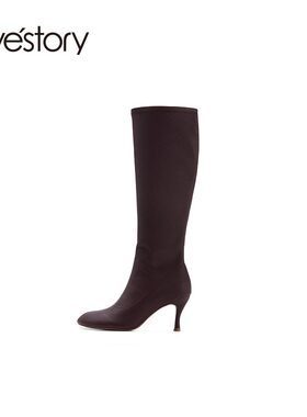 westory2024秋季新品小圆头细高跟羊皮修腿羊皮高靴84001