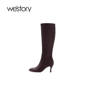 westory2024秋季新品小圆头细高跟羊皮修腿羊皮高靴84001