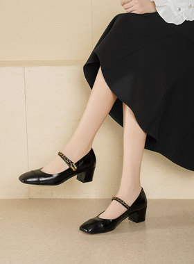 westory2025新款法式方头玛丽珍鞋女粗跟一字带浅口单鞋