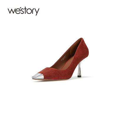 westory尖头丝绒复古时尚高跟鞋