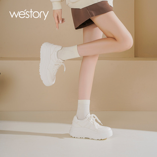 westory2026秋冬新款复古气质圆头厚底小白鞋女真皮系带板鞋