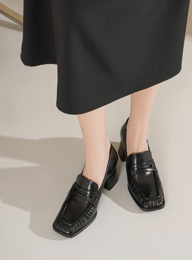 westory2025春季新款百搭通勤高跟小皮鞋黑色真皮乐福鞋女英伦风