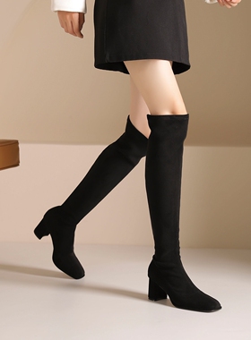 westory2024冬季粗高跟时装靴弹力靴瘦瘦靴高筒靴女84621