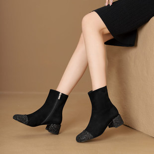 westory2025年冬季新款法式气质粗跟高跟瘦瘦靴弹力短靴小个子
