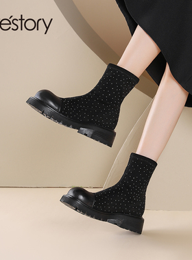 westory2024秋季新款英伦风厚底时尚百搭简约短筒复古靴女