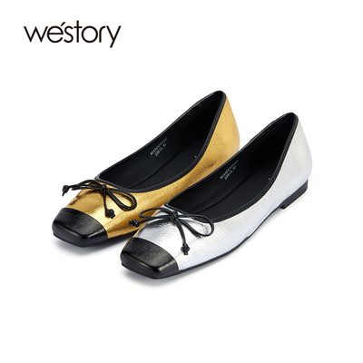 westory2024春季新款蝴蝶结船鞋方头拼色复古平底浅口女单鞋57071