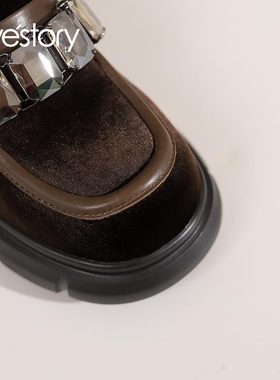 westory英伦风乐福鞋女2024秋季新品粗跟厚底通勤百搭懒人75201