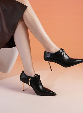 westory秋冬法式优雅细跟高跟小个子尖头弹力瘦瘦靴短靴真皮系带