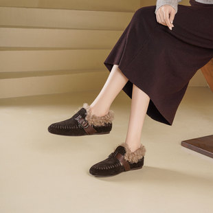 westory2025冬季新款加绒乐福鞋女保暖毛绒一脚蹬棉鞋毛毛鞋外穿