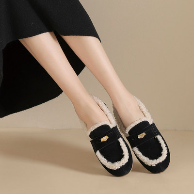 westory2024年冬季加绒复古牛皮一脚蹬平底百搭时尚毛毛鞋85111