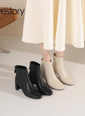 westory羊皮2024冬季时装靴高级感百搭时髦粗跟短靴女84601