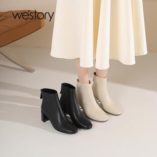 westory羊皮2024冬季时装靴高级感百搭时髦粗跟短靴女84601