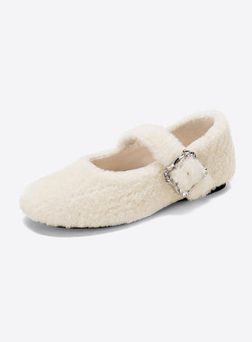 westory2025冬季新款毛绒玛丽珍平底加绒保暖浅口单鞋豆豆鞋羊毛