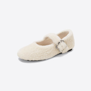 westory2025冬季新款毛绒玛丽珍平底加绒保暖浅口单鞋豆豆鞋羊毛