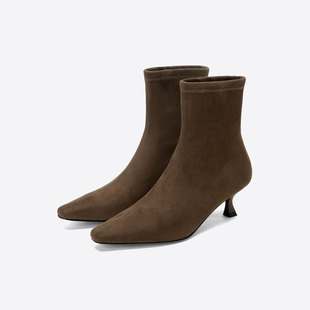 westory 2025新款尖头中跟袜靴瘦瘦靴中跟靴弹力靴包腿短靴