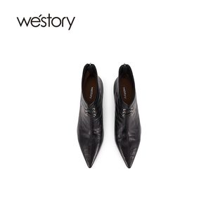 westory2024新品手抓纹胎牛尖头靴子优雅法式气质短靴84441