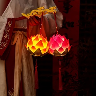 宵灯会荷花灯装 龙年手提莲花灯笼古风汉服拍照道具儿童新年元 饰品