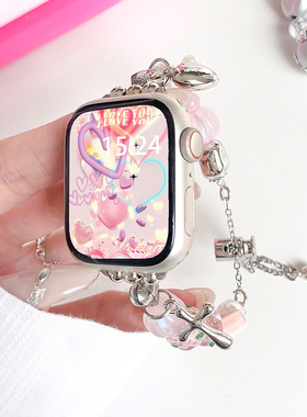 适用苹果手表applewatch78SE甜美丝绸蝴蝶可爱心表带iWatch3456女