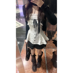 春夏新款针织飘带开衫外套内搭花边蝴蝶结吊带上衣+波点短裙套装