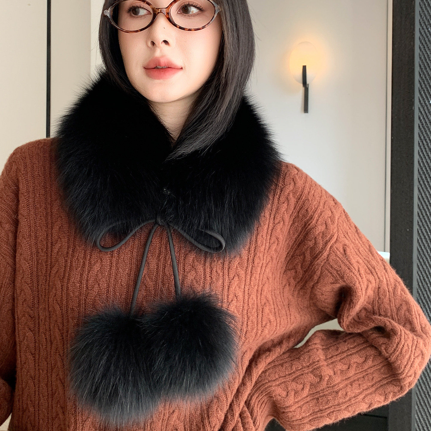 贵族琼斯 整皮狐狸毛系带蝴蝶结毛领子 皮草围巾女士冬季保暖围脖