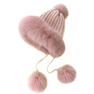 清仓女士毛线针织加绒大毛球球狐狸毛帽子 雷锋帽皮草帽子护耳帽