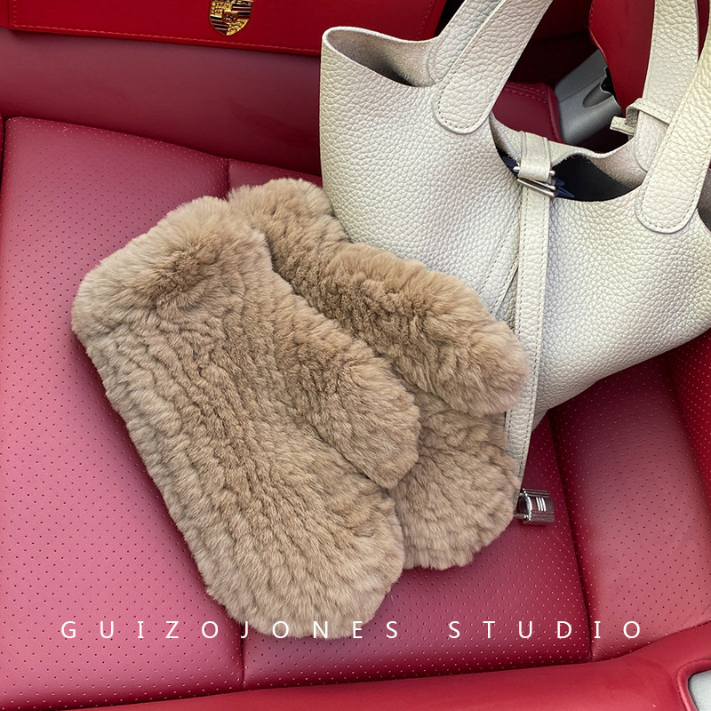 男女士情侣款通用獭兔毛编织加厚保暖连指 皮草手套 真毛毛绒暖手