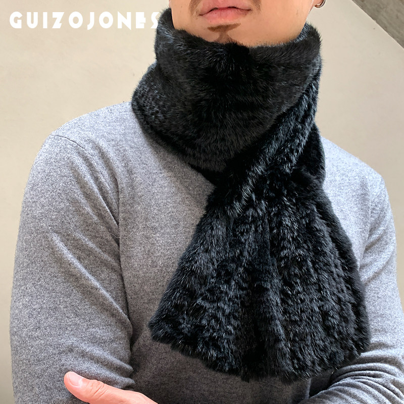 男士休闲商务黑色水貂毛编织保暖皮草围巾大气貂皮长款围巾双面毛