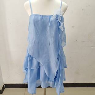 长期现货2025夏孟子义同款蓝色多层花朵吊带连衣裙不规则下摆短裙