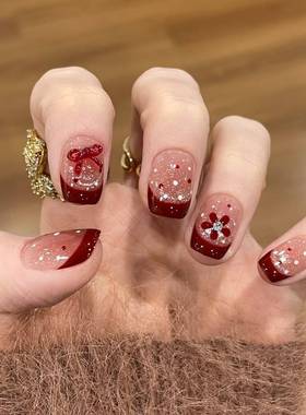 红色穿戴甲中长款法式2025新款学生日常蝴蝶结穿戴款美甲指甲贴片