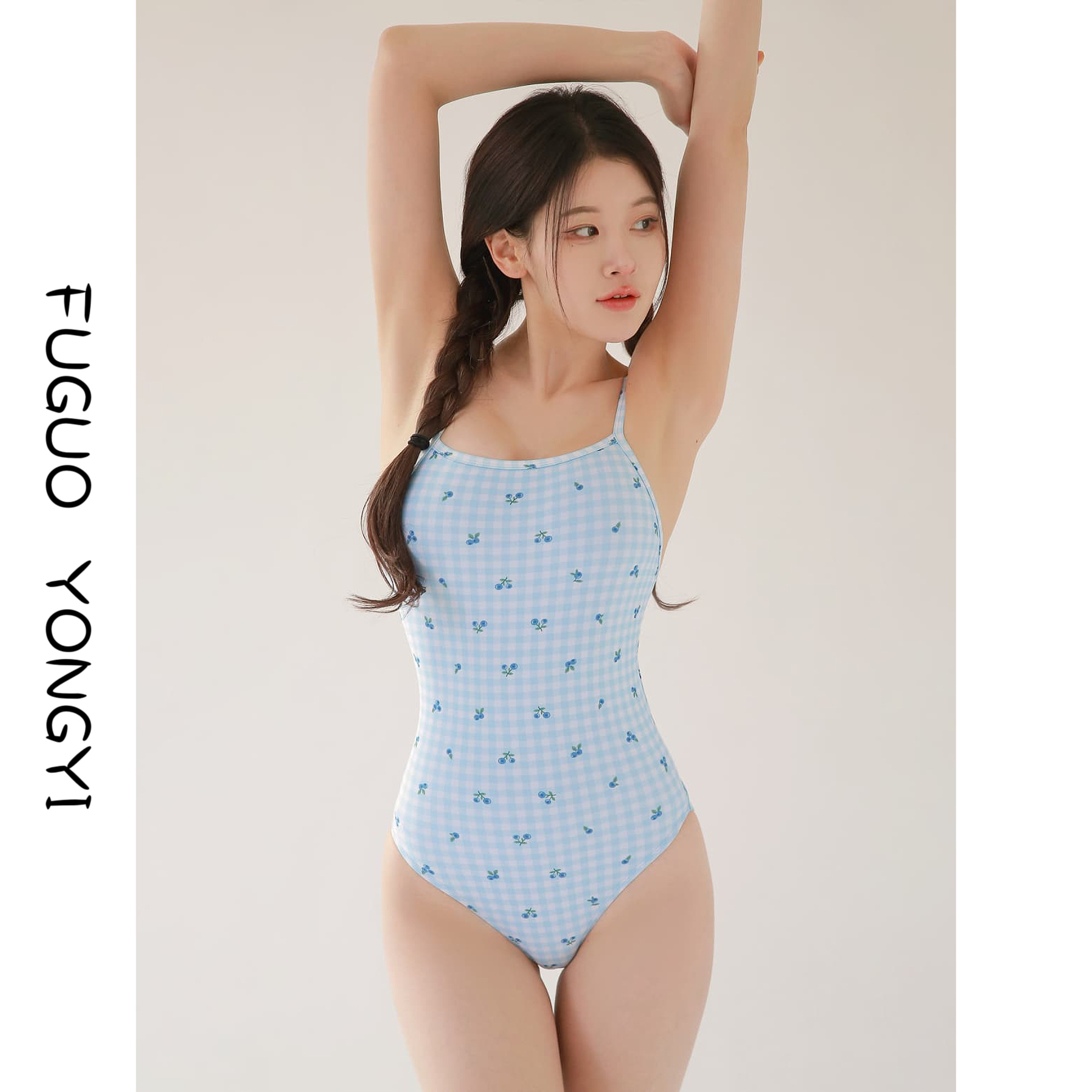 2025夏新款蓝色格子连体泳衣