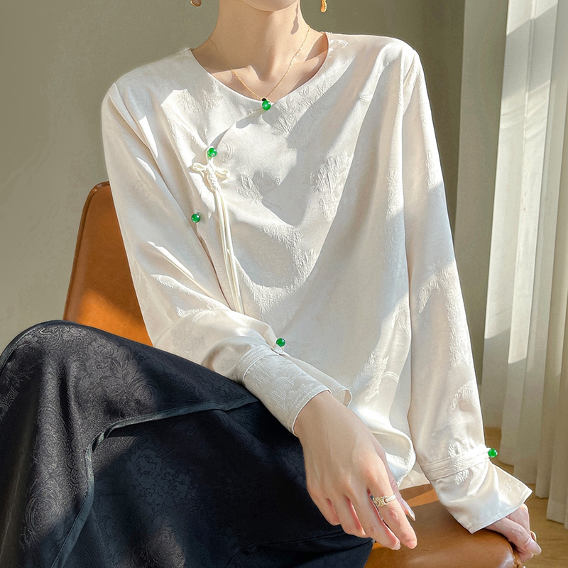 2025秋冬新款中式盘扣圆领面提花打底衫女国风斜襟宽松衬衫1126h