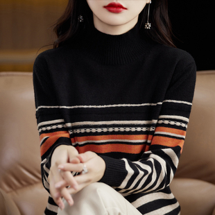 感加厚高领毛衣间色条纹宽松针织打1221k1 新款 秋冬女打底衫 时尚