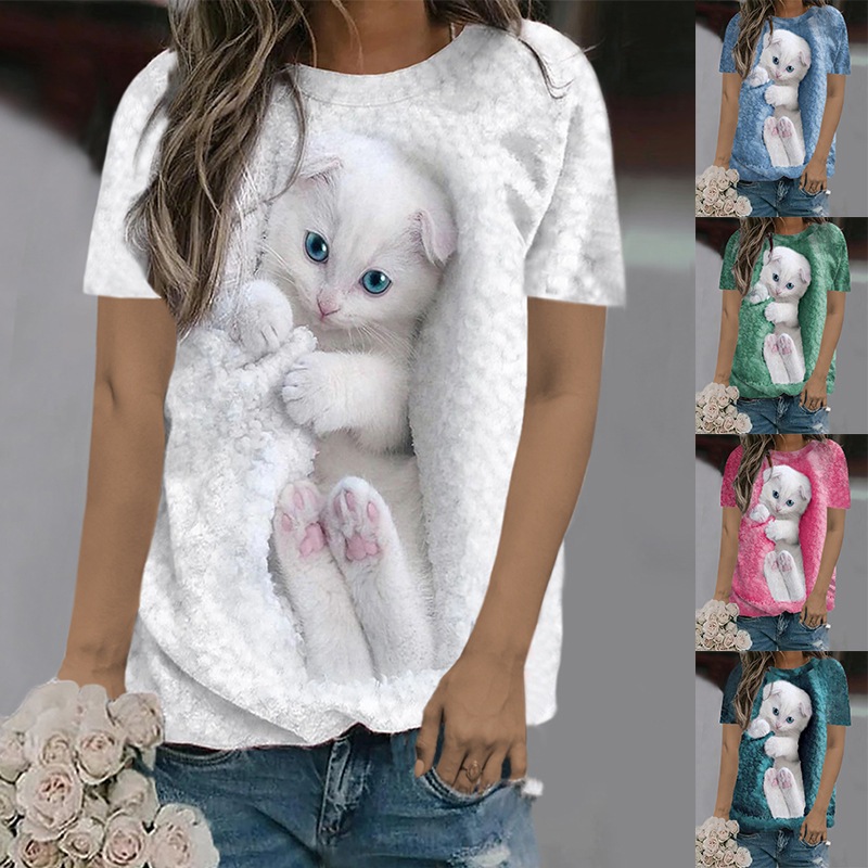 可爱猫咪夏季短袖T恤女时尚个性情侣上衣新款3d卡通汗衫小众设计