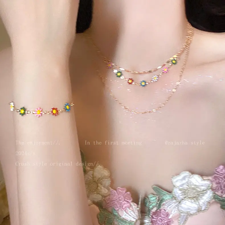 夏日多巴胺彩色雏菊项链女清新自然锁骨链清新气质百搭颈链