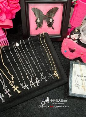 镶锆粉钻十字架项链吊坠朋克风潮人满钻饰品