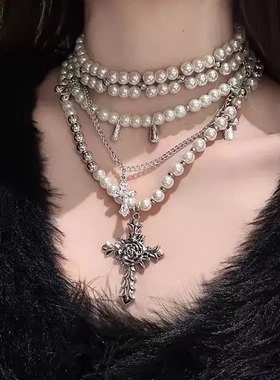 重工十字架原创珍珠项链小众设计辣妹锁骨多层叠戴choker颈链