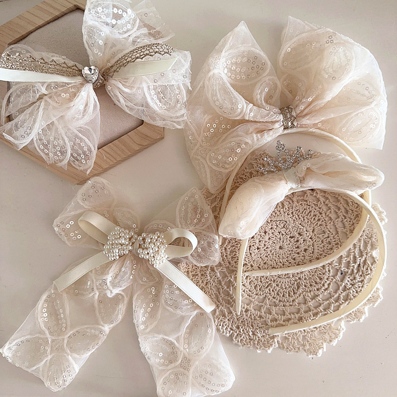 新款甜美超仙花瓣亮片网纱镶钻皇冠蝴蝶结儿童发箍头扣压夹发饰