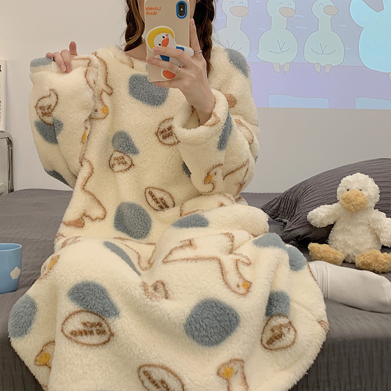珊瑚绒睡裙女冬季长款珊瑚绒睡衣法兰绒加绒加厚大码连衣裙家居服