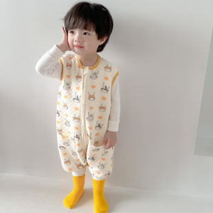 新秋冬宝宝夹棉连体睡衣男童女童无袖 睡袋儿童薄棉马甲背心家居服