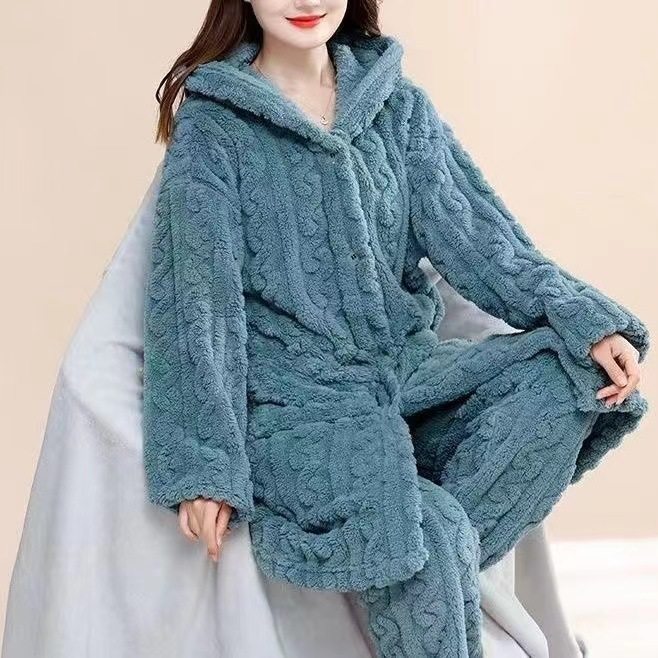 秋冬季珊瑚绒睡衣女士提花长袍套装保暖加厚睡袍新款家居服可外穿