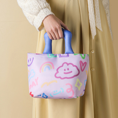 联诚2025年新款加厚手提饭盒袋学生上班族涂鸦手绘带饭包便当包