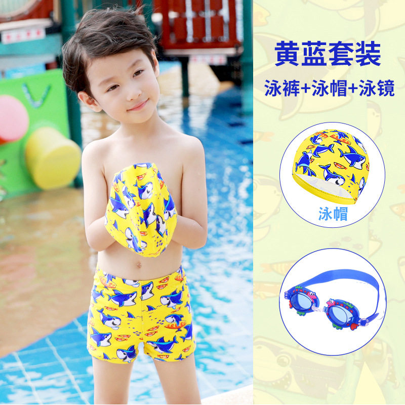 夏季儿童泳裤男童卡通平脚裤大童曼小孩泳帽少年温泉透气泳衣男孩