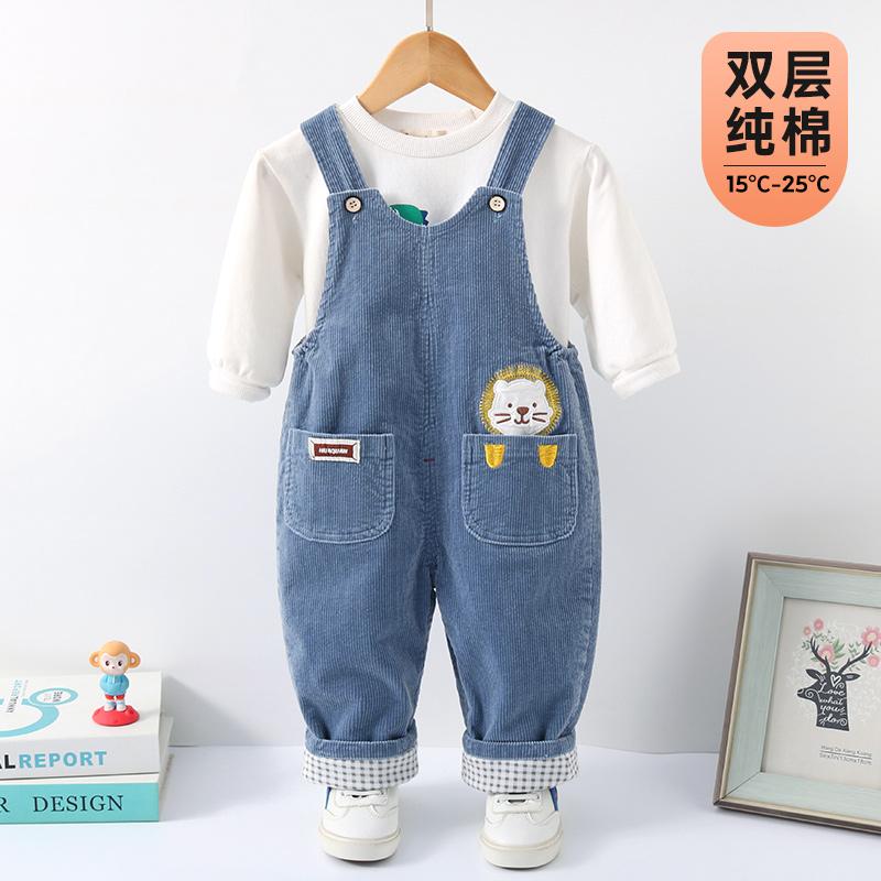 宝宝背带裤春秋双层纯棉男童春装2025新款儿童灯芯绒春季婴儿裤子