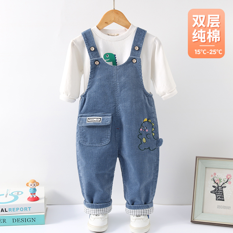 宝宝背带裤春秋新款纯棉双层男童儿童灯芯绒一岁男宝婴儿裤子秋季