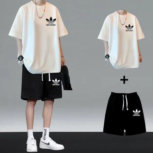  美式复古两件套短袖短裤套装、女夏季纯棉宽松oversize高街潮牌