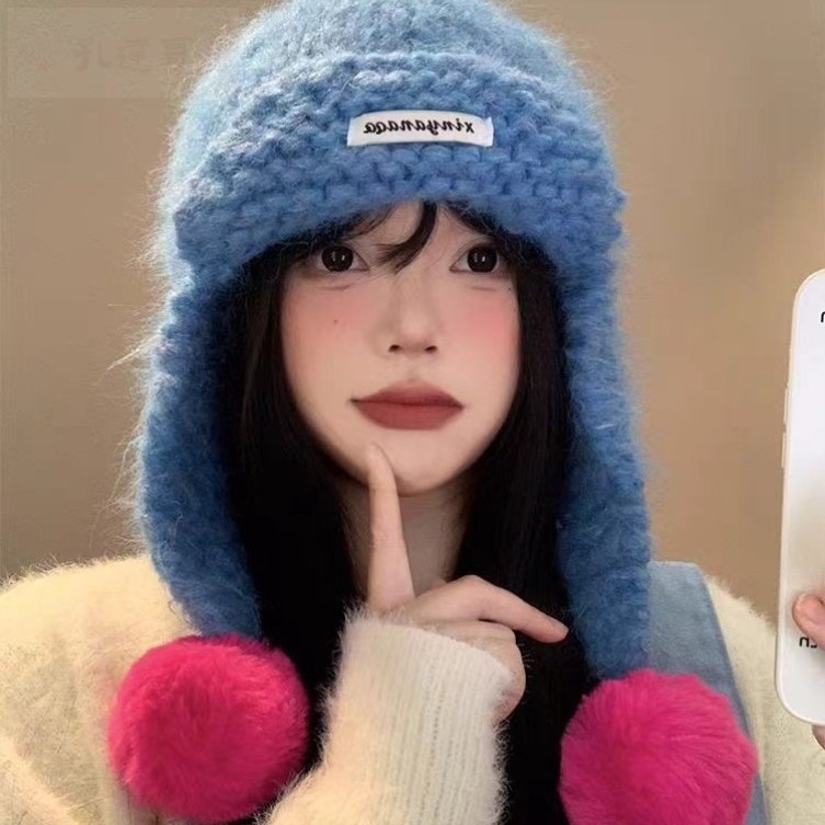 韩版毛球护耳飞行帽女秋冬显脸小帽子百搭保暖字母毛线帽雷锋帽